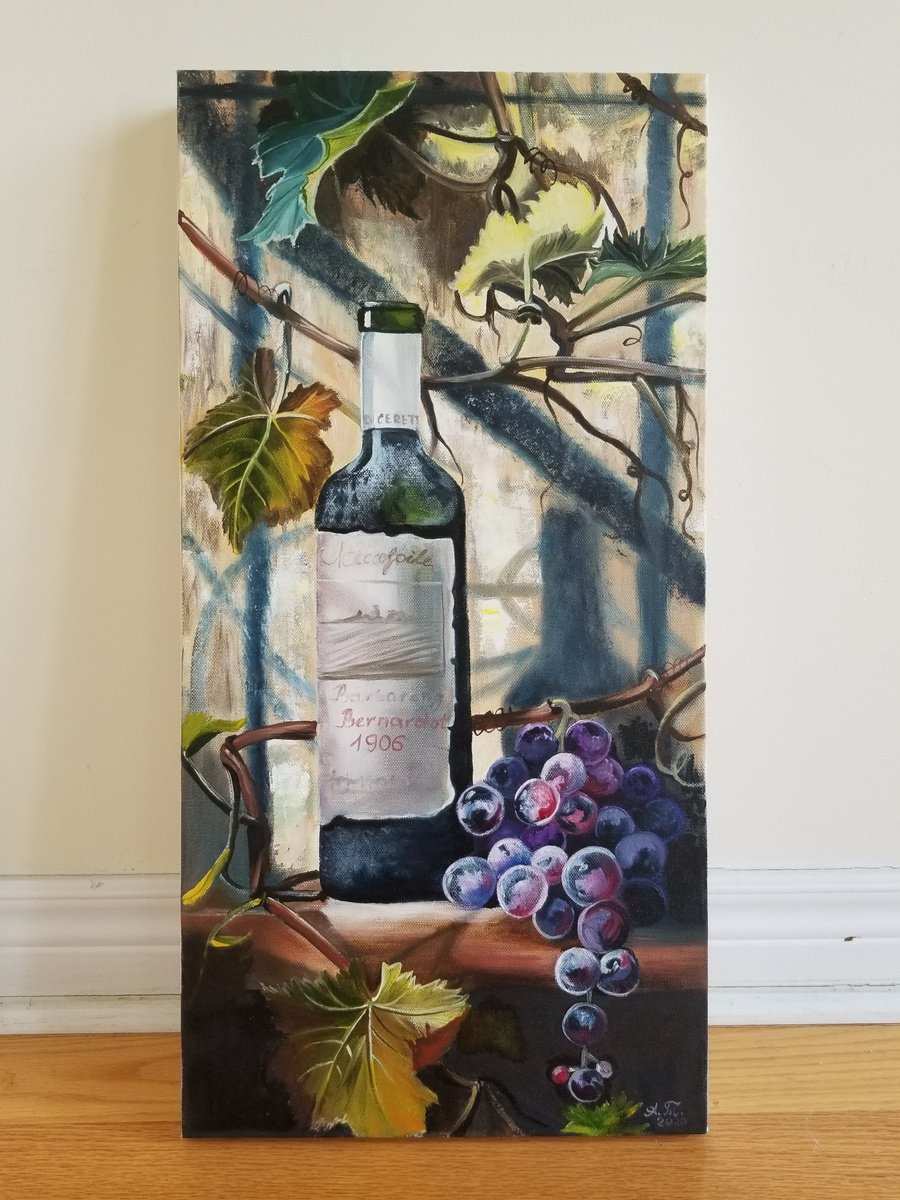 Wine, grapes, grapevine and Italian sun. Original Oil Painting on Canvas. Italian Still li... by Alexandra Tomorskaya/Caramel Art Gallery