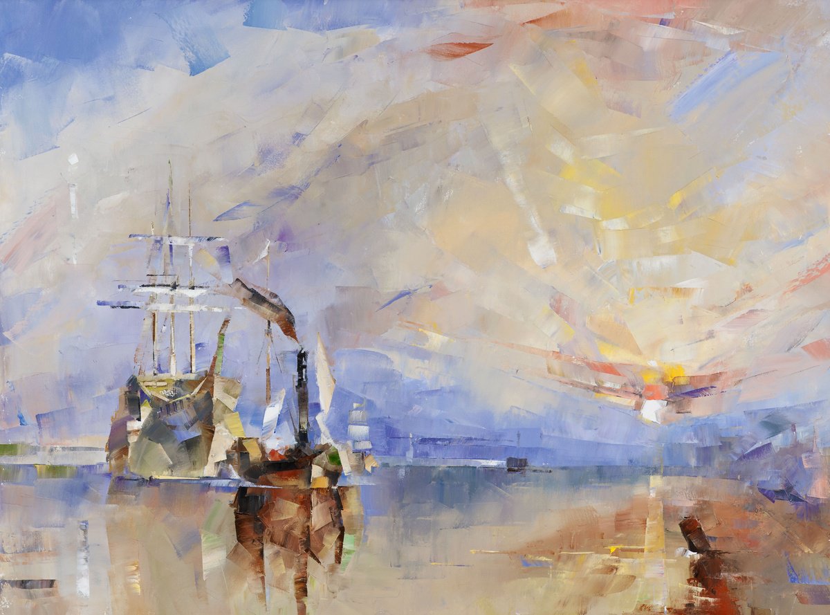 Impressionistic Landscape Oil Painting By Volodymyr Glukhomanyuk, 49 X 37", The Fighting Temeraire Copy, Original Artwork