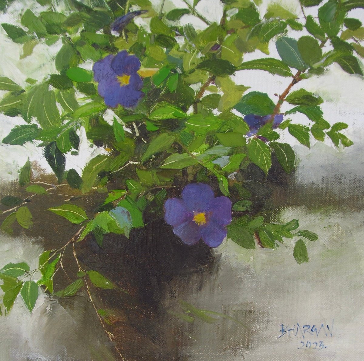 Impressionistic Botanical Oil Painting By Bhargavkumar Kulkarni, 10 X 10, Harmony In Green And Violet, Original Artwork