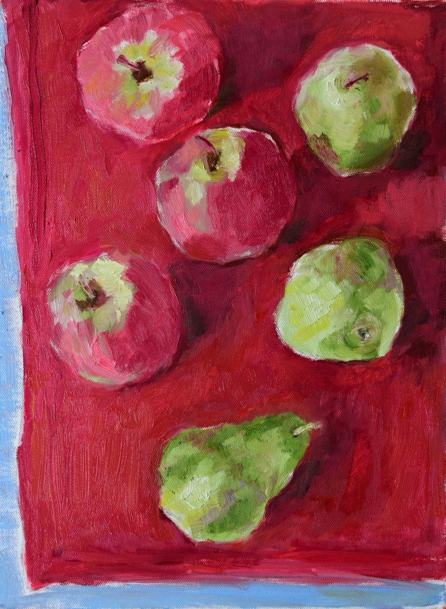 Impressionistic Still Life Oil Painting By Elena Zapassky, 12 X 16, Apples And Pears, Original Artwork
