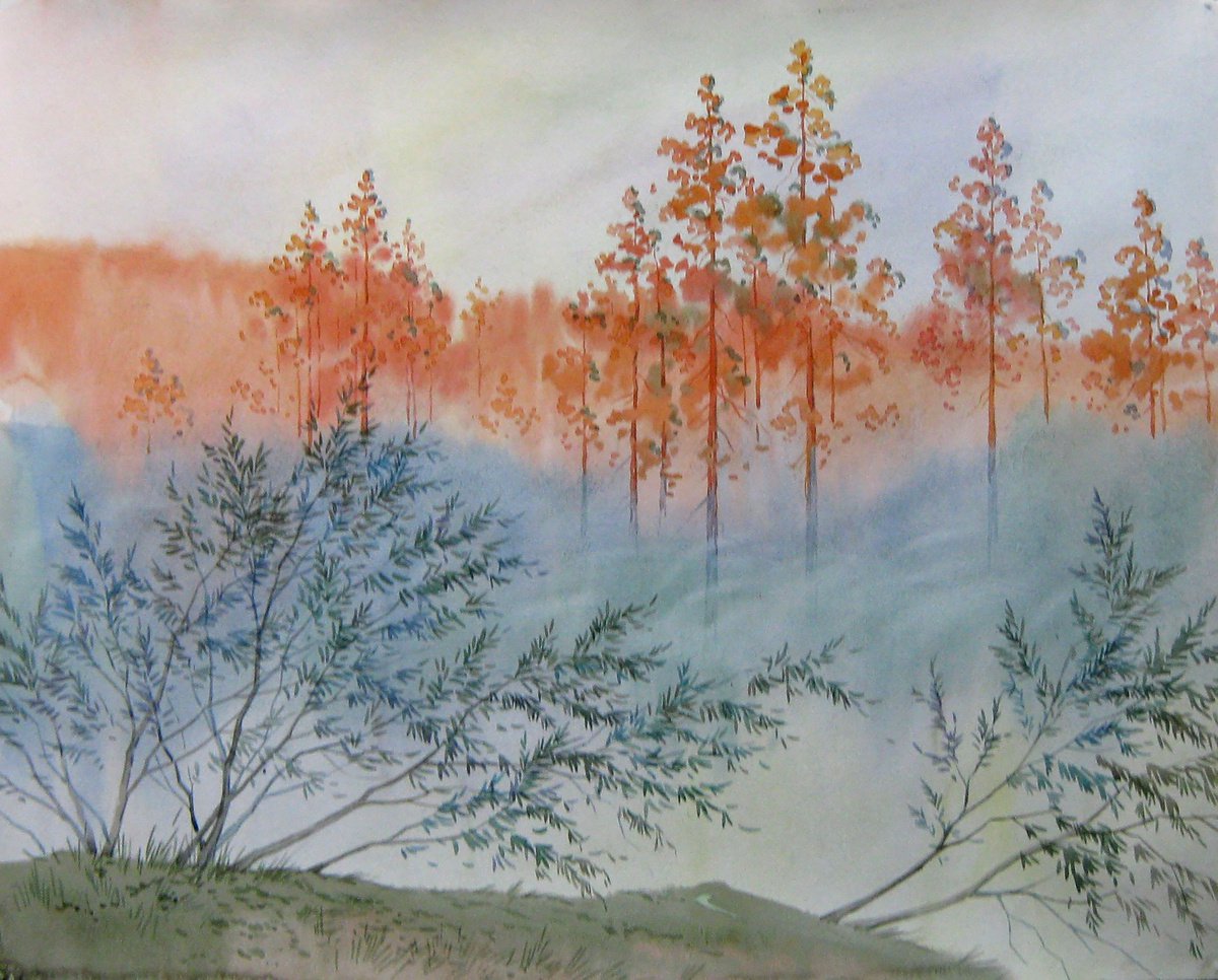Impressionistic Landscape Watercolour By Valeriy Savenets-1, 20 X 16", Morning With Fog, Original Artwork