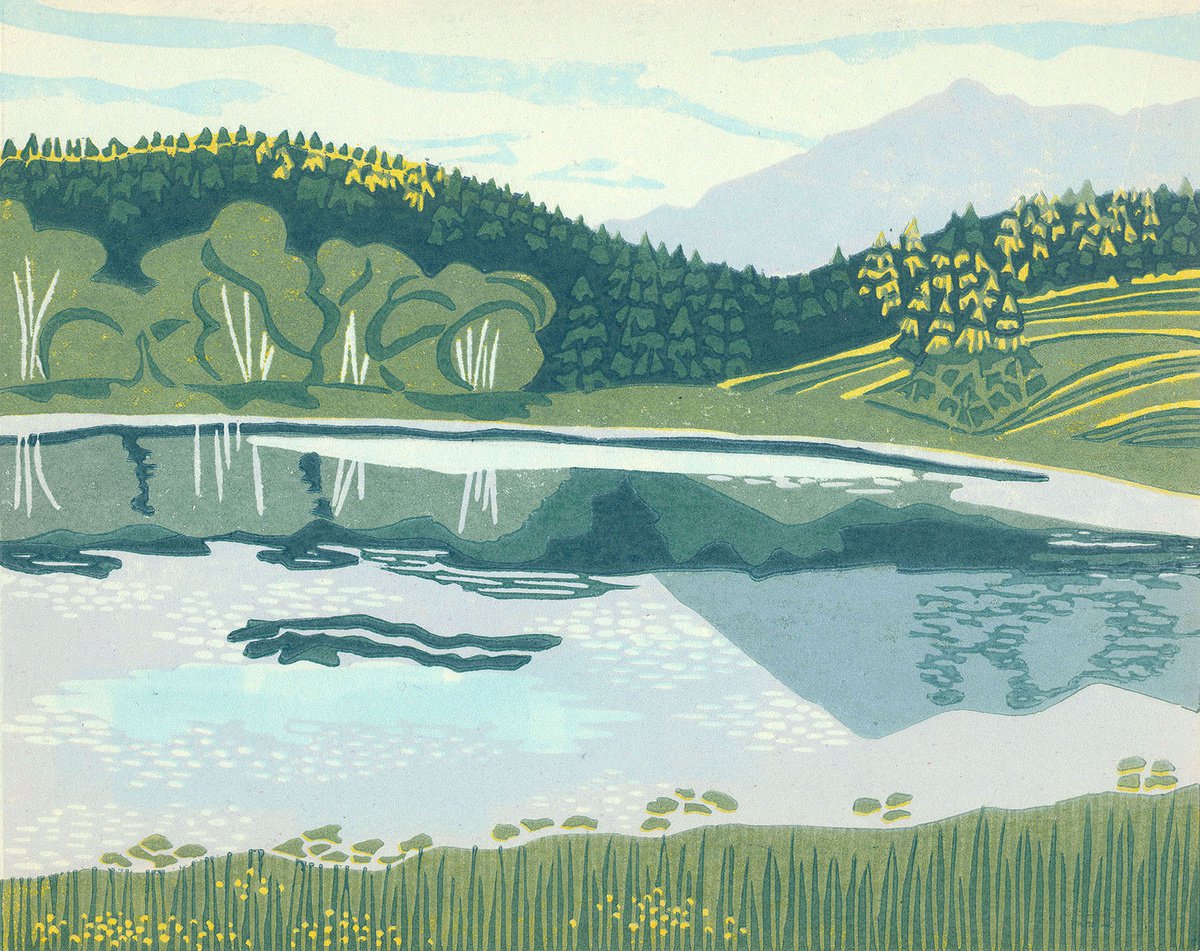 Landscape Linocut By Kate Goetz, 13 X 11", Wapiti Lake, Bc, Original Artwork