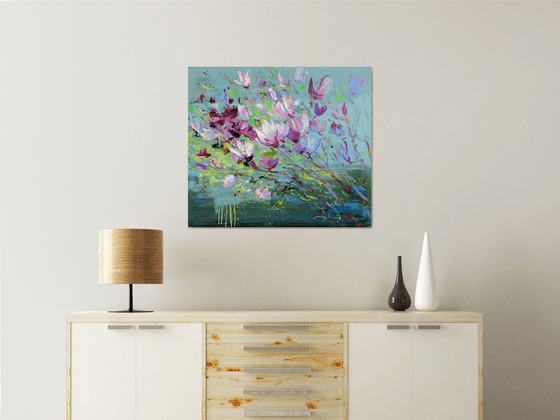 Magnolia on green blue 70x80