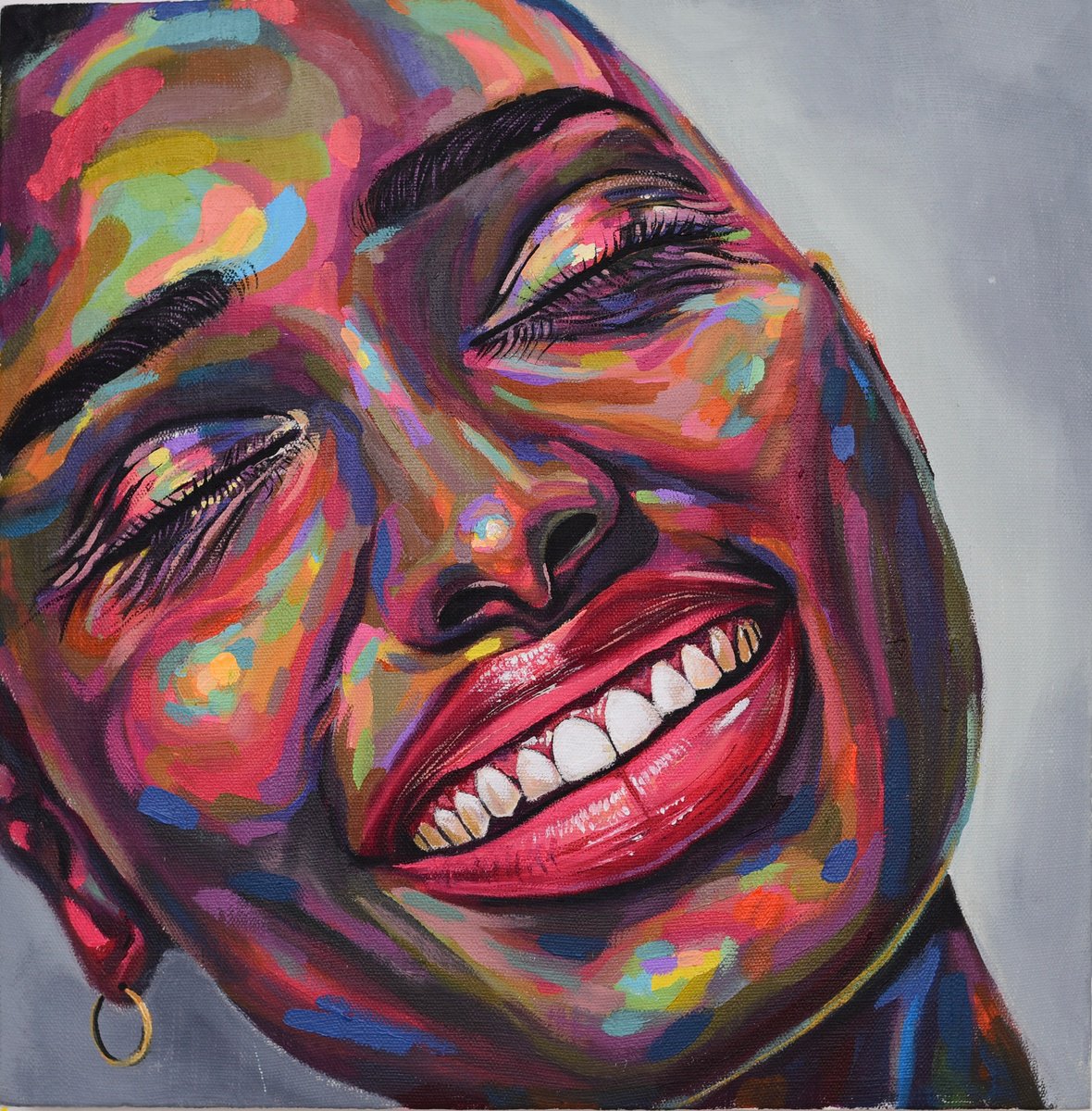 Expressive Portrait Acrylic Painting By Damola Ayegbayo, 18 X 18, Against All Odds 11, Original Artwork