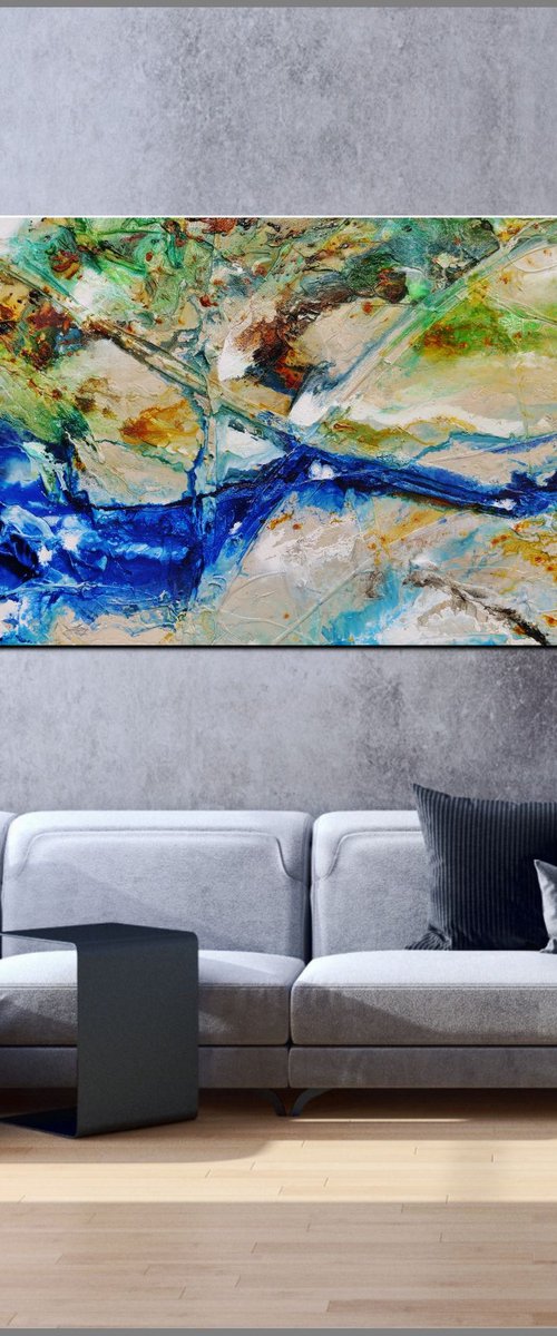 Natures Essence 240cm x 100cm Blue Cream Green Abstract Art by Franko