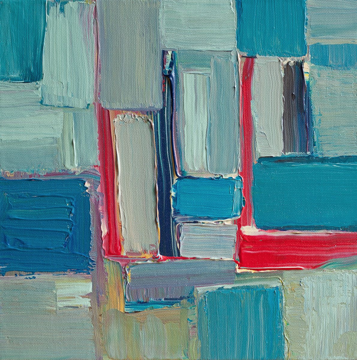 Abstract Landscape Acrylic Painting By Thomas Hjelm, 13 X 13", Boats On The Water, Original Artwork