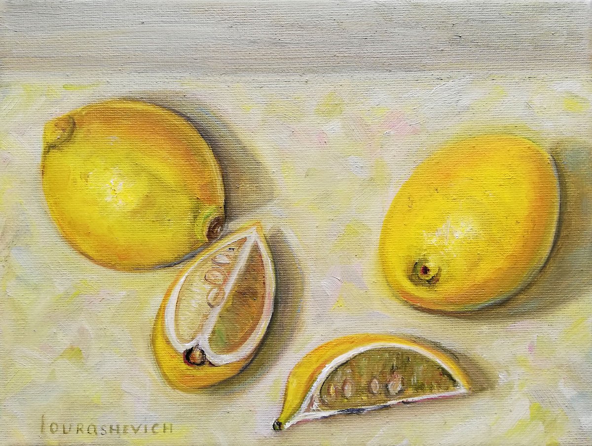 Impressionistic Still Life Oil Painting By Katia Ricci, 9 X 7", Lemons, Original Artwork