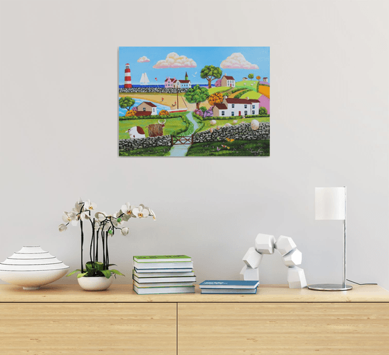 Happy seaside sheep & cow painting