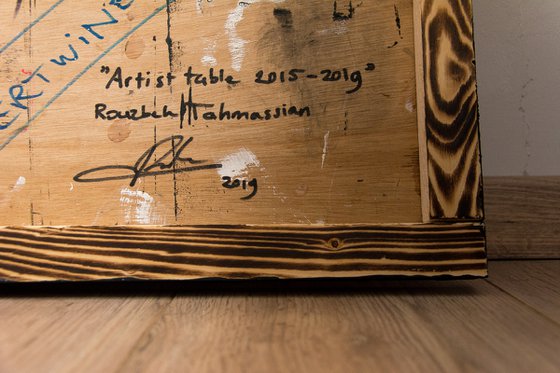 "Artist table" (117x51x2,8 cm) - Collectors item (abstract, gouache, original, painting, coffee, acrylic, oil, watercolor, encaustics, beeswax, resin, wood, fingerpaint)