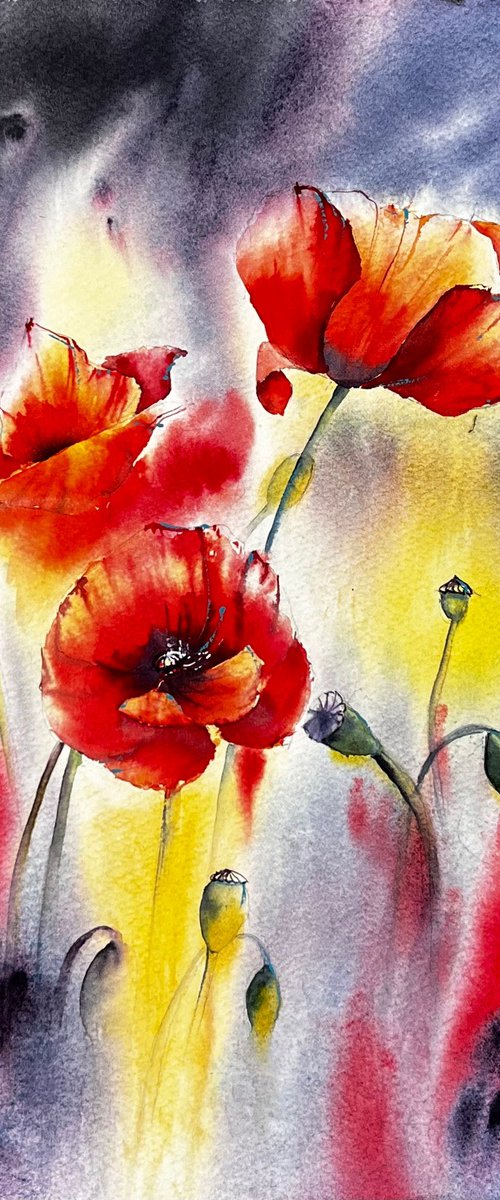 Red Poppy Flowers, Original floral watercolour painting by Yana Ivannikova