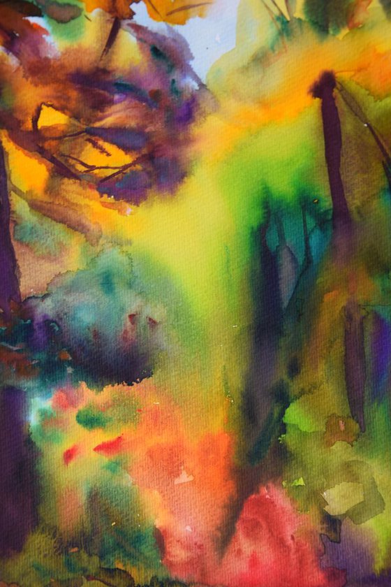 Autumn watercolor painting Abstract landscape, Fall forest path