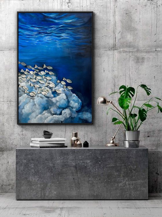 Surreal Ocean Painting with Vintage Lace Fish