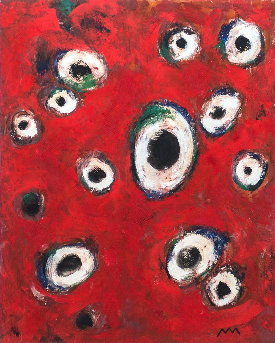 Abstract Oil Painting By Matteo Cecchinato, 22 X 28", Grotesque In Red, Original Artwork