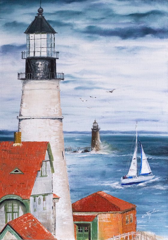 "Portland Lighthouse" Original oil painting landscape.