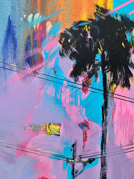 Pink artwork - "Flight to Los Angeles" - Pop Art - Violet painting - Palm - Street Art - Expressionism - Sunset