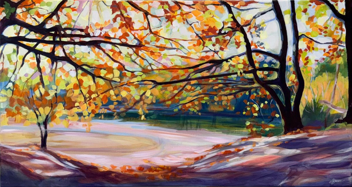 Impressionistic Landscape Acrylic Painting By Hannah Bruce, 38 X 20, Horsell Common Sandpit, Original Artwork