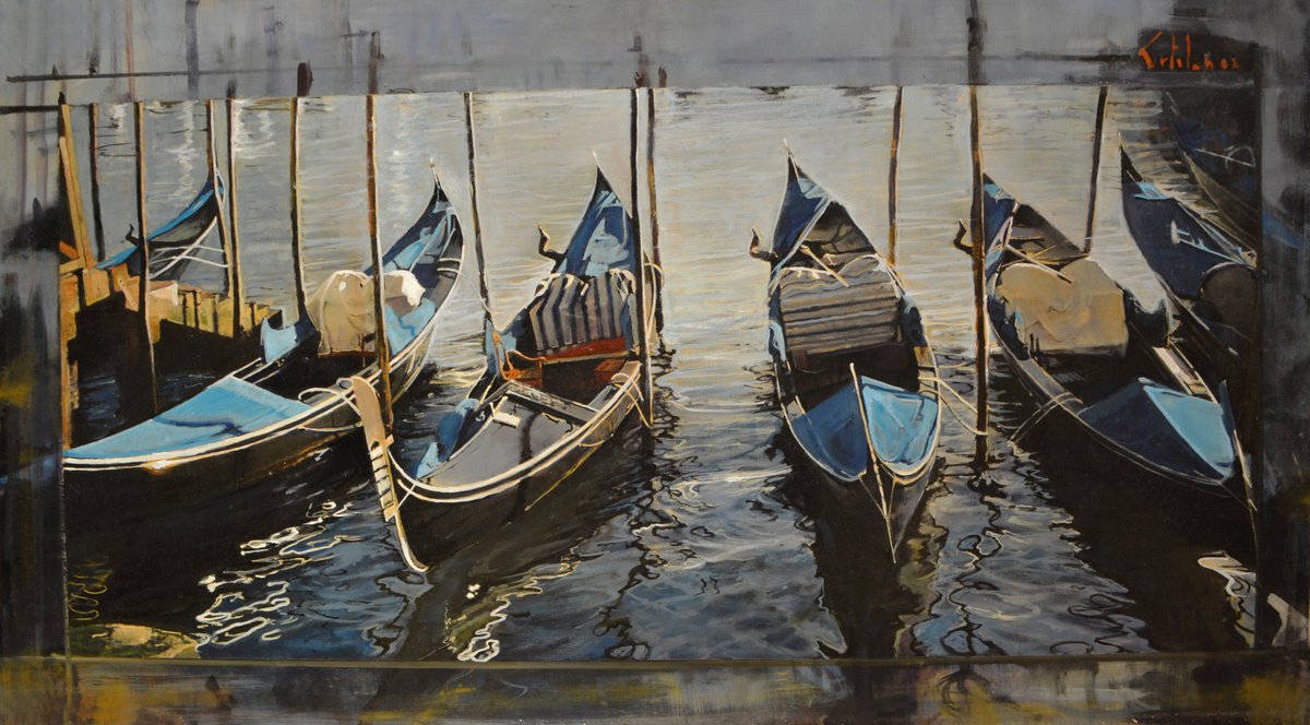 Photorealistic Oil Painting , Four Gondolas By Marco Ortolan, 35 X 20, Artwork For Sale On Artfinder