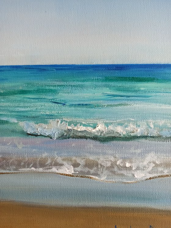 Coastal beach oil painting blue ocean landscape wall decor 10x20"