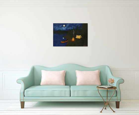 Under the Moonlight - nightscape campfire painting; home, office decor; gift ideas