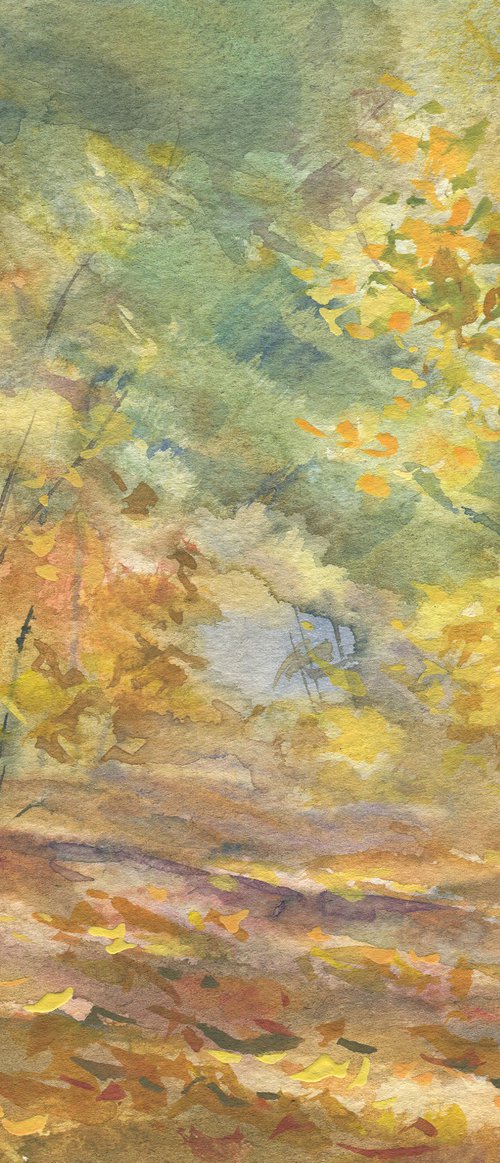 Golden autumn. Forest road / Watercolor art work Plain air painting Small size landscape. Original picture by Olha Malko