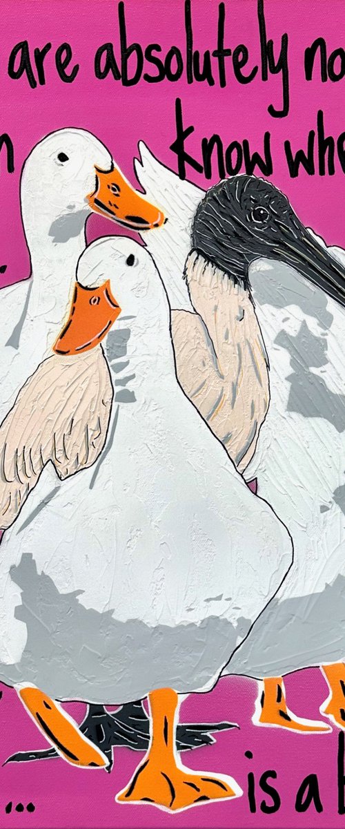 Ducks in a Row Magenta Bin Chicken 61 x 61cm by DEBORAH LANG