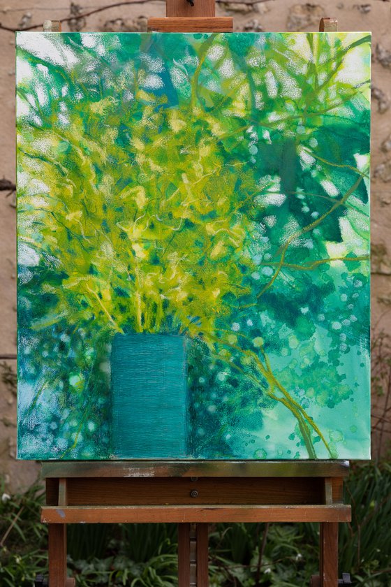 Green, turquoise and yellow bouquet Floral Fine art Still life Home deco Interior design Wall art painting