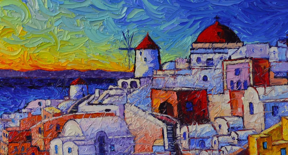 OIA SANTORINI MAGIC LIGHT Mini Cityscape 09 - Modern impressionist Palette Knife  Oil Painting Poster by Mona Edulesco - Fine Art America