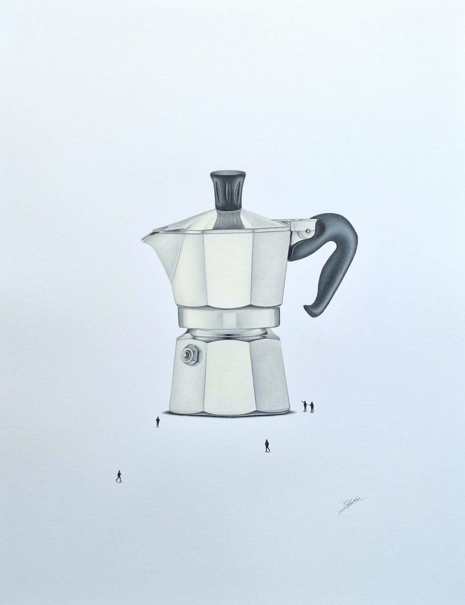Photorealistic Still Life Pencil Drawing By Daniel Shipton, 16 X 20, Moka Pot: Smell The Coffee, Original Artwork