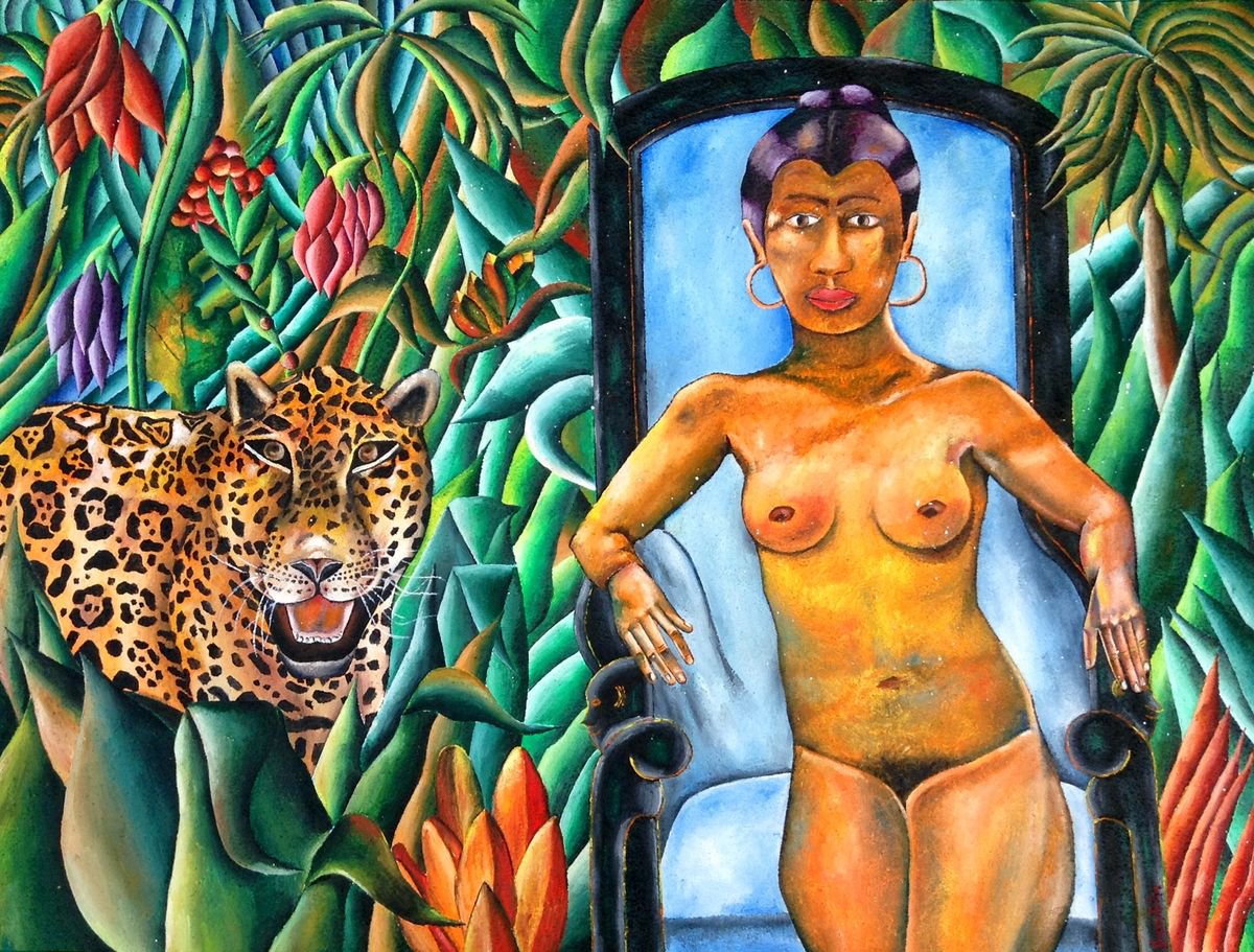 Naive Portrait Oil Painting By Jg Wilson, 43 X 32, Rain Forest Queen, Original Artwork