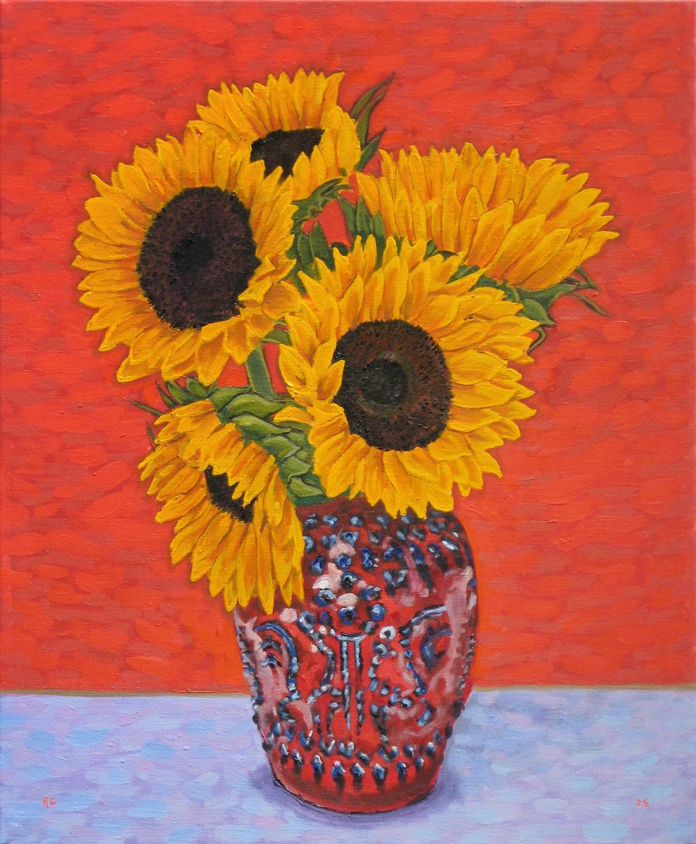 Botanical Oil Painting By Richard Gibson, 18 X 22", Sunflowers Against Red, Original Artwork