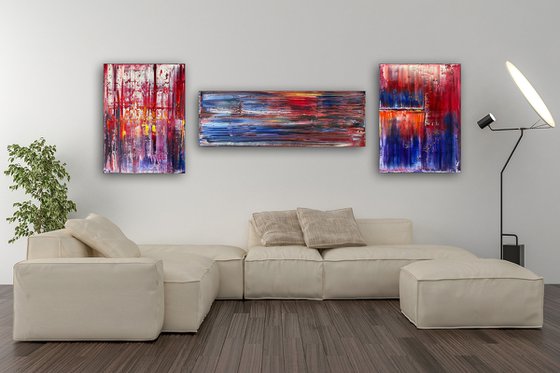 "Cut It Together" - Save As A Series - Original Large PMS Abstract Triptych Oil Paintings On Canvas - 72" x 24"