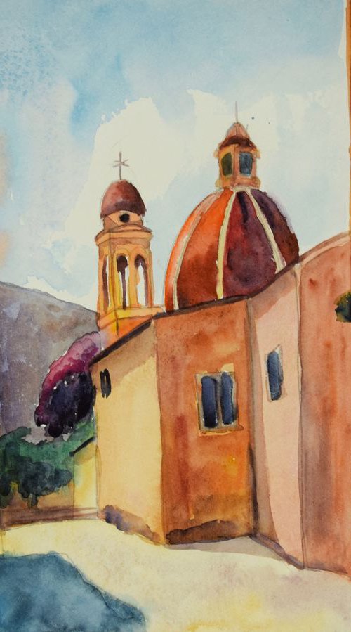 Old city cathedral original watercolor painting, Corfu Island, coastal home decor by Kate Grishakova