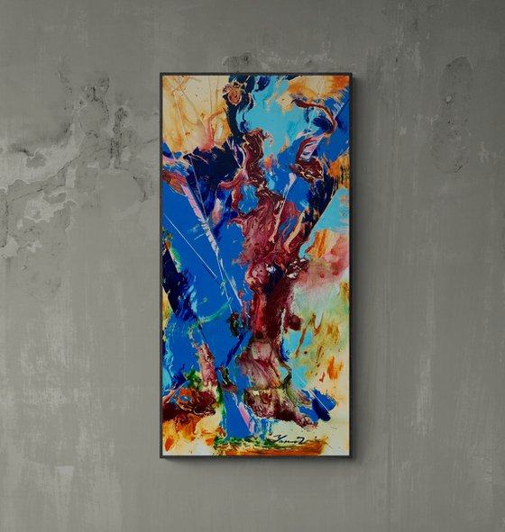 Abstract painting - "Chinese dragon" - Abstraction - Geometric - Space abstract - Big painting - Bright abstract - Blue&Yellow - Red&Orange