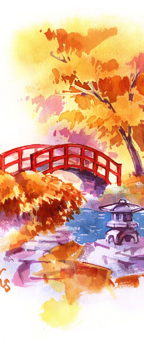 "Japanese autumn landscape with red bridge" original watercolor artwork illustration by Ksenia Selianko
