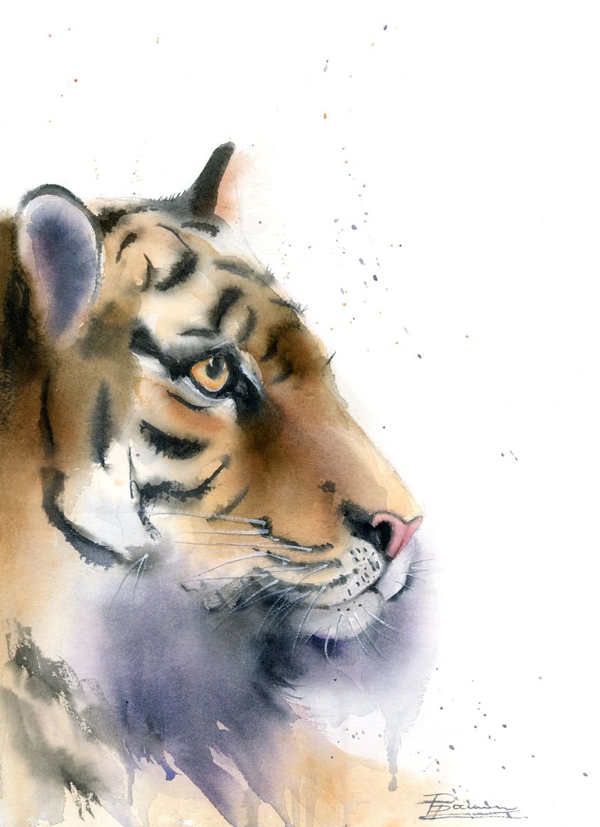 Impressionistic Animal Watercolour By Olga Tchefranov (Shefranov), 10 X 14", Tiger #2, Original Artwork
