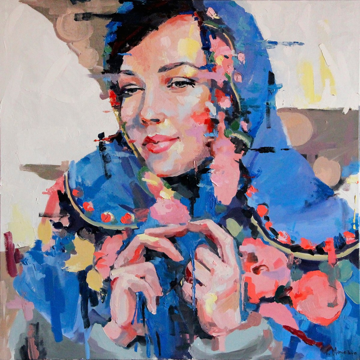 Russian woman - Winter painting - Square large - Oil on canvas by Yuliia Meniailova