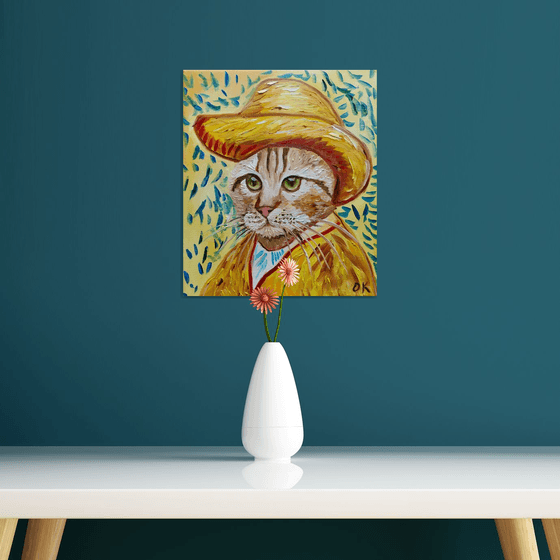 Cat in a straw hat with green eyes La Vincent Van Gogh