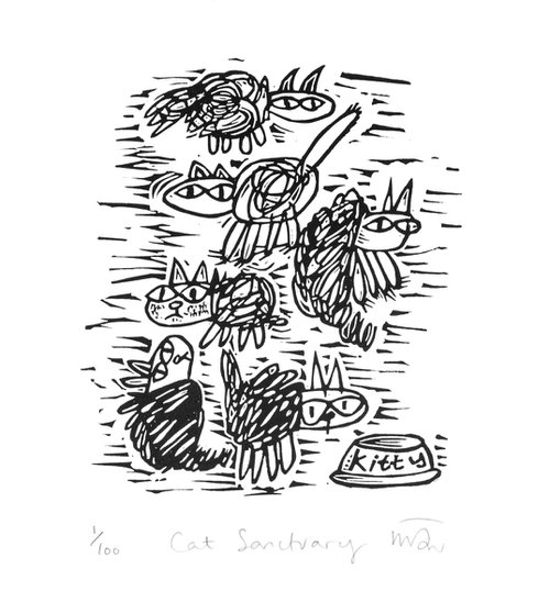 Cat Sanctuary - lino print by Melanie Wickham