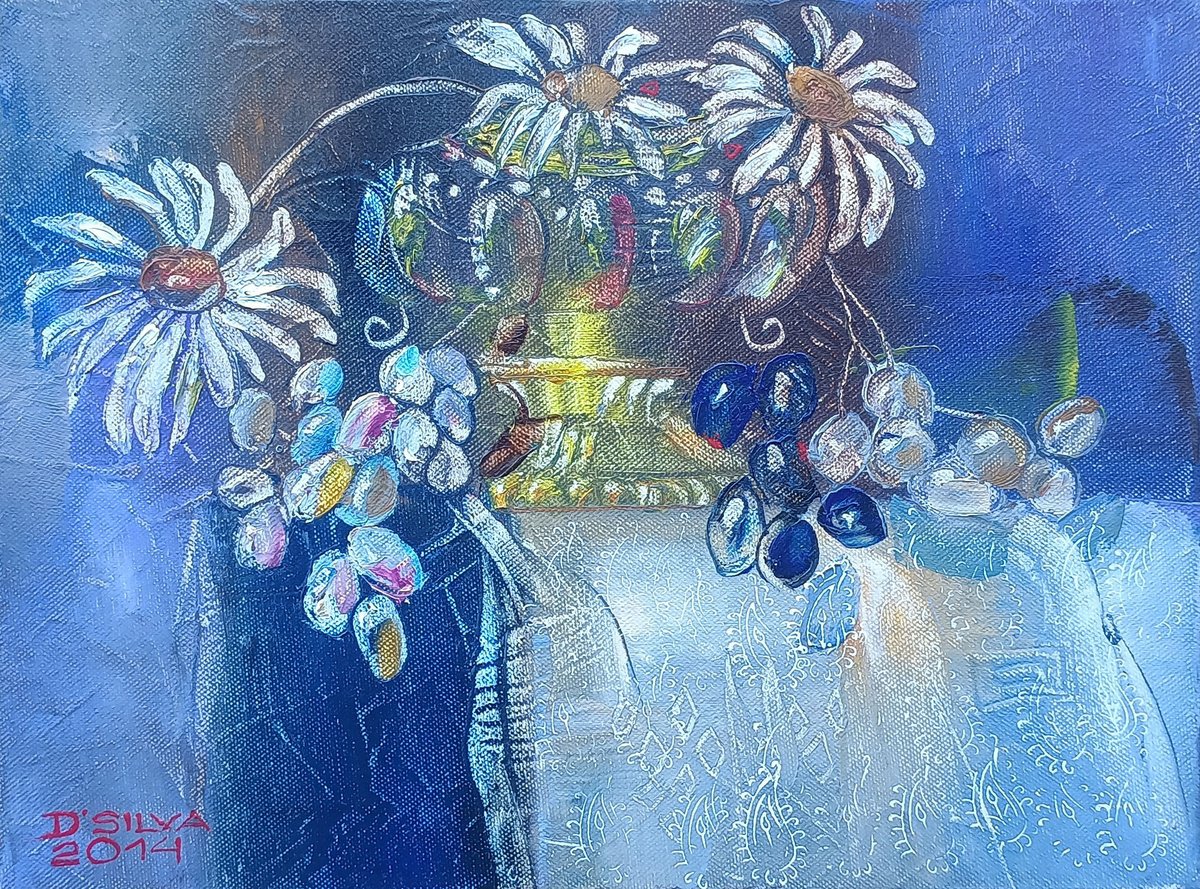 Impressionistic Still Life Oil Painting By Silvija Drebickaite, 16 X 12", Three Daisies, Original Artwork