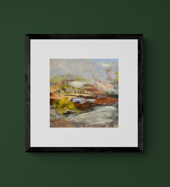 LAST LEAVES - small framed abstract landscape, yellow orange blue, christmas gift