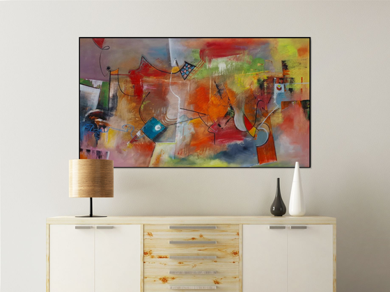 The Heat Of The Day, Large abstract painting, Original art, Oil on canvas, horizontal painting 82x145 cm, red tones