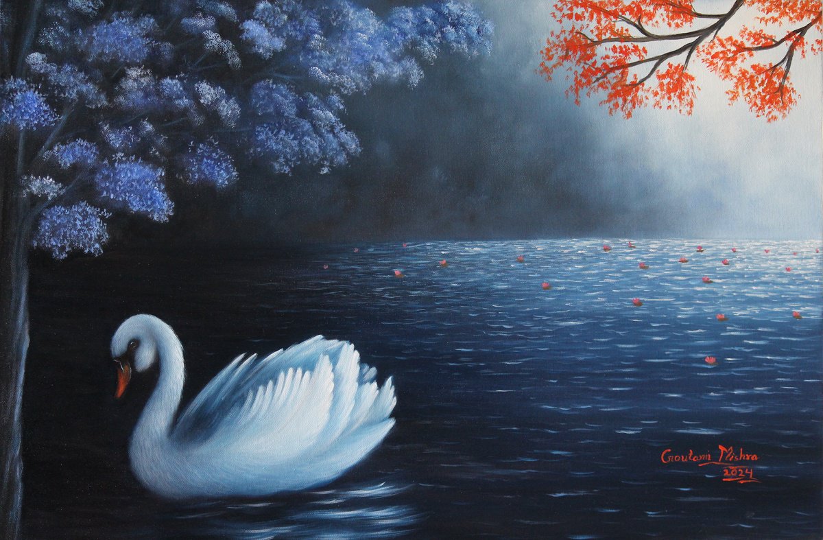 Swan in Lake by Goutami Mishra