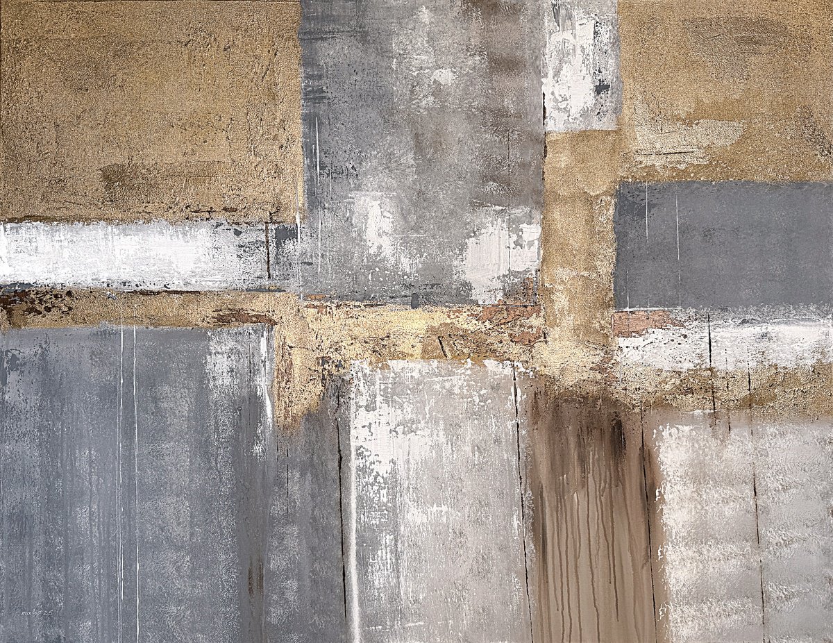 Geometric Abstract Acrylic Painting By Tatiana Malinovscaia, 51 X 39", Golden Stone Layers, Original Artwork