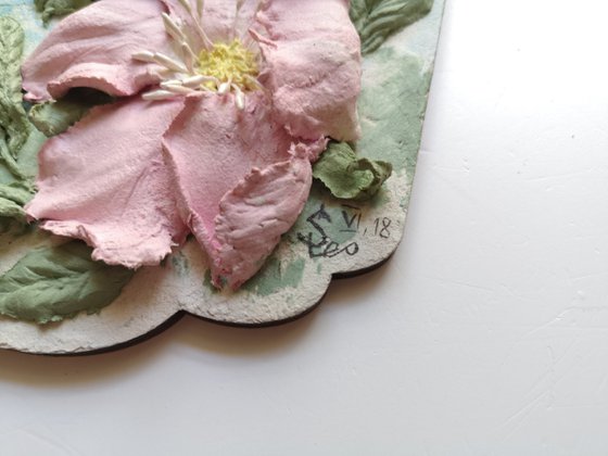 Summer rosehip - light bas-relief with pink dogrose flowers 25x15x3 cm.