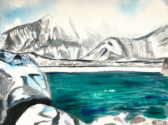 Mountains Original Painting, Snowy Winter Landscape Watercolor Artwork, Cozy Home Decor