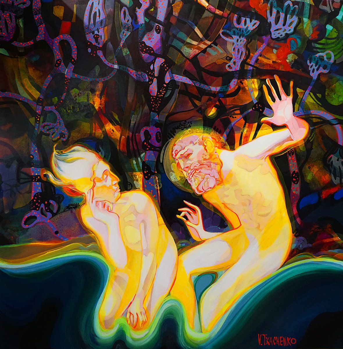 Organic Portrait Acrylic Painting By Victor Tkachenko, 40 X 40", Waves Areus, Original Artwork