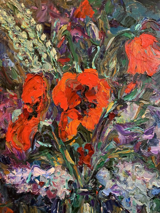 STILL LIFE WITH POPPIES - Floral art, still life with flowers, original painting oil on canvas, painting for sale, gift art 70x50cm