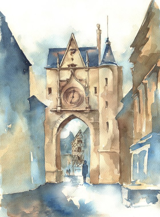 "Walk in the Medieval City" architectural artwork in watercolor