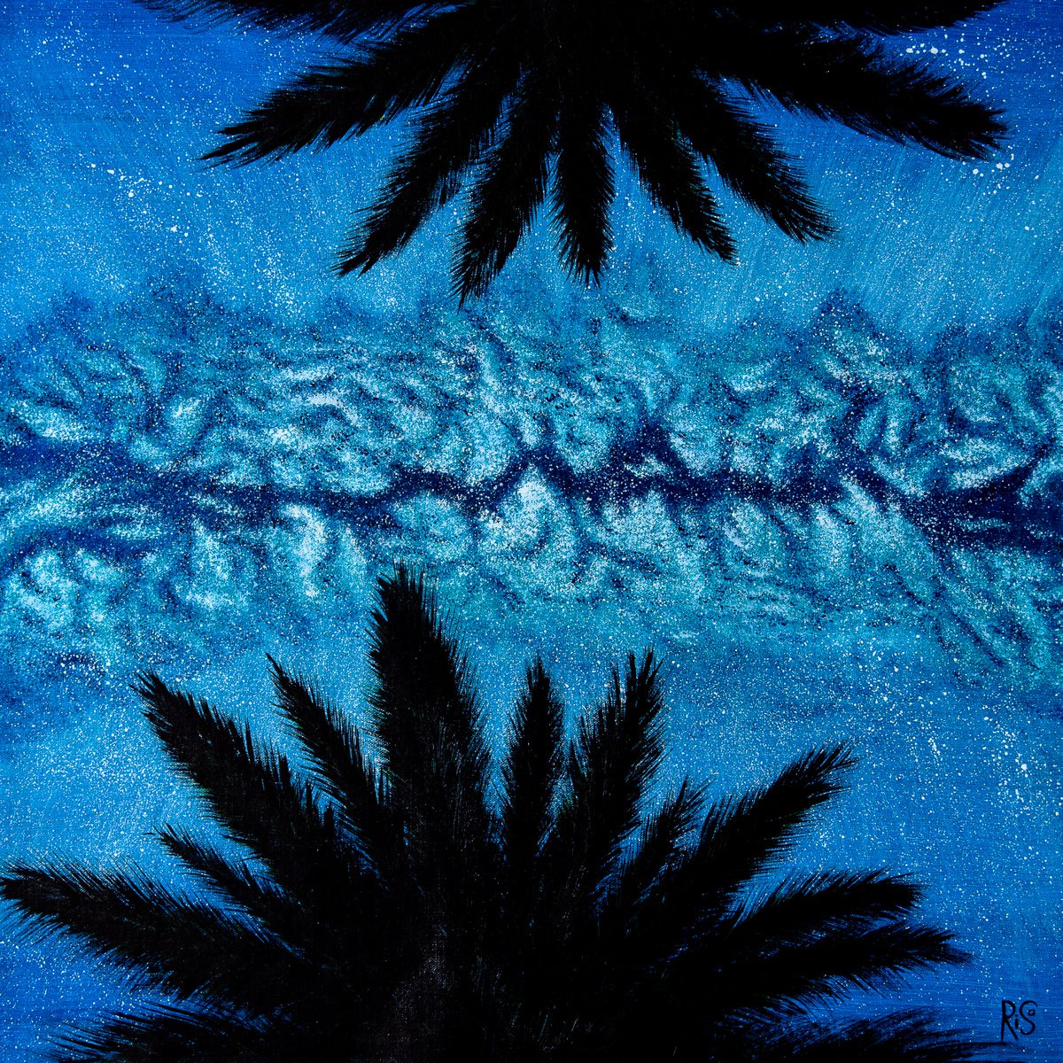 MILKY WAY - square cloudscape, 70x70, palm branch, deep blue sky by Rimma Savina
