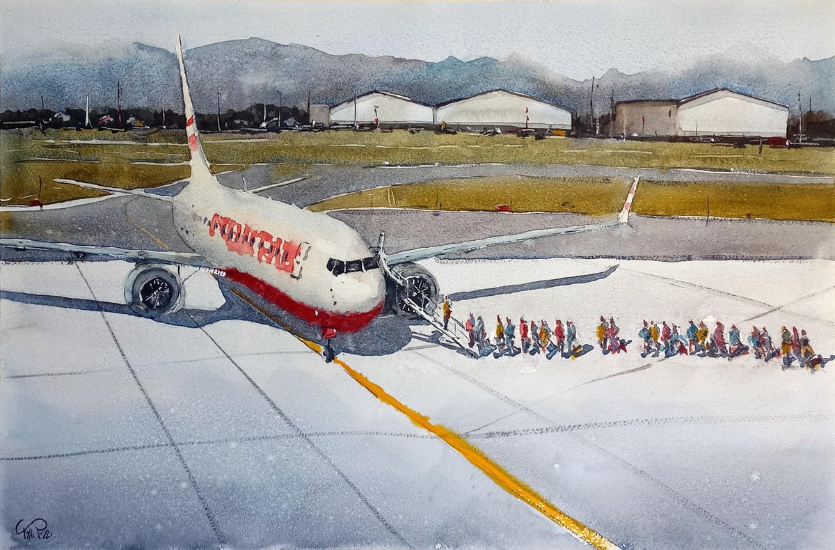 Impressionistic Transport Watercolour By Tollo Pozzi, 22 X 15", Boarding Ants (Large Version), Original Artwork